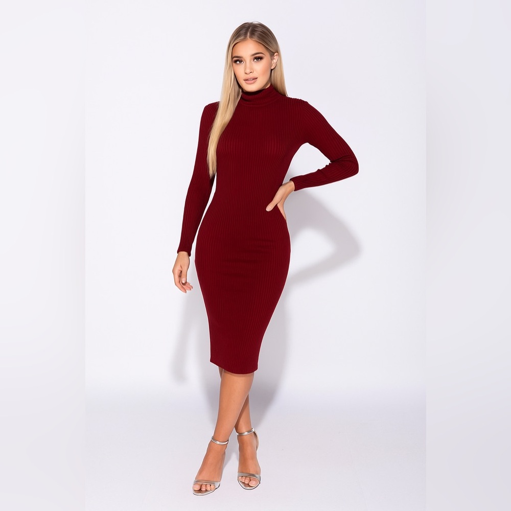 Maroon Red Ribbed Knit Midi Sweater Dress | Turtleneck Long Sleeve Work Chic